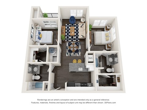Floor plan for 2 beds, 2 baths, 923 sqft